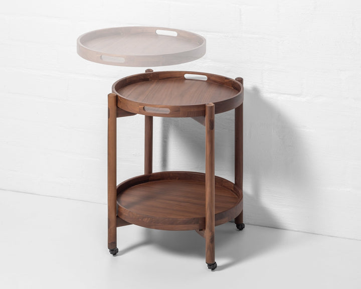 Hugo walnut wooden serving table with removable round trays and wheels