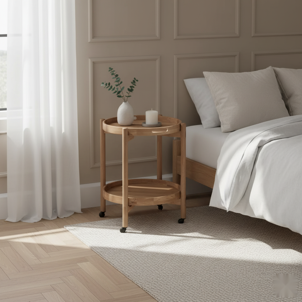 Wooden Serving Table Hugo - Oak with round tray top and lower shelf on wheels in minimalist Scandinavian solid oak design